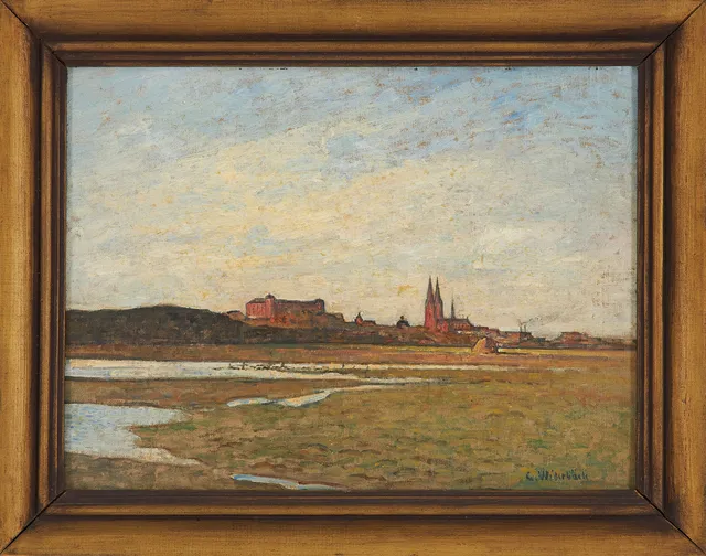 GUSTEN WIDERBÄCK. Landskapsmotiv med vy över Uppsala slott och Domkyrkan, olja på pannå, signerad.