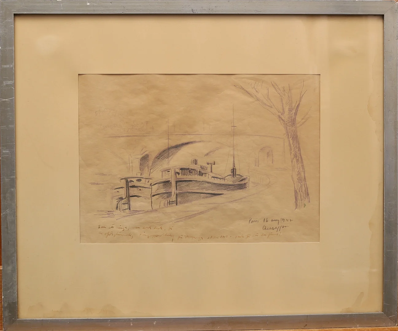 AXEL OLSON. teckning, båtmotiv i Paris, signerad, daterad 16/8 1947. — Paintings — Limhamns Auktionsbyrå