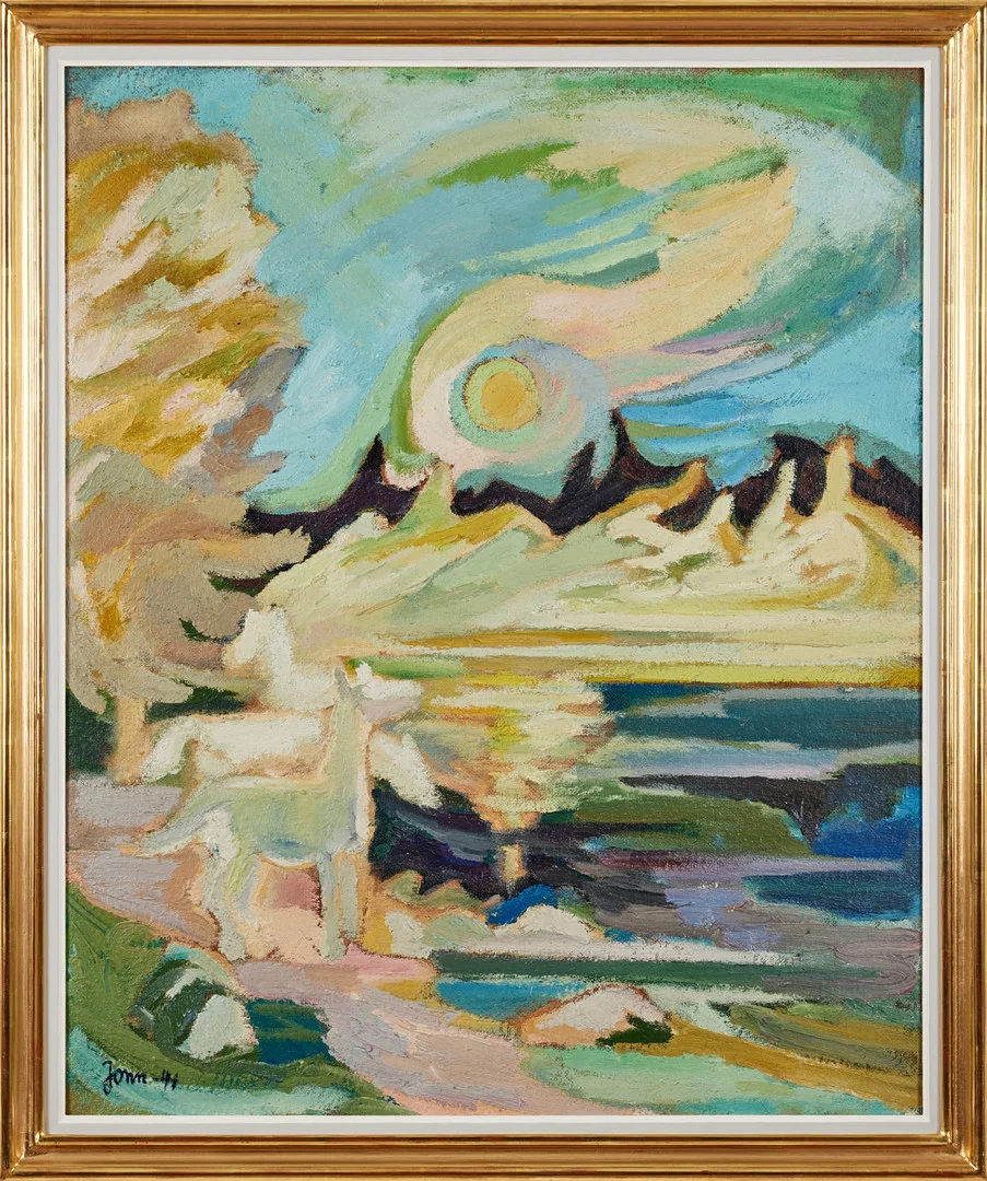 GUNNAR JONN. Hundar och Frihet, olja på pannå, 85 x 70 cm. — Paintings — Stockholms Auktionsverk Fine Art