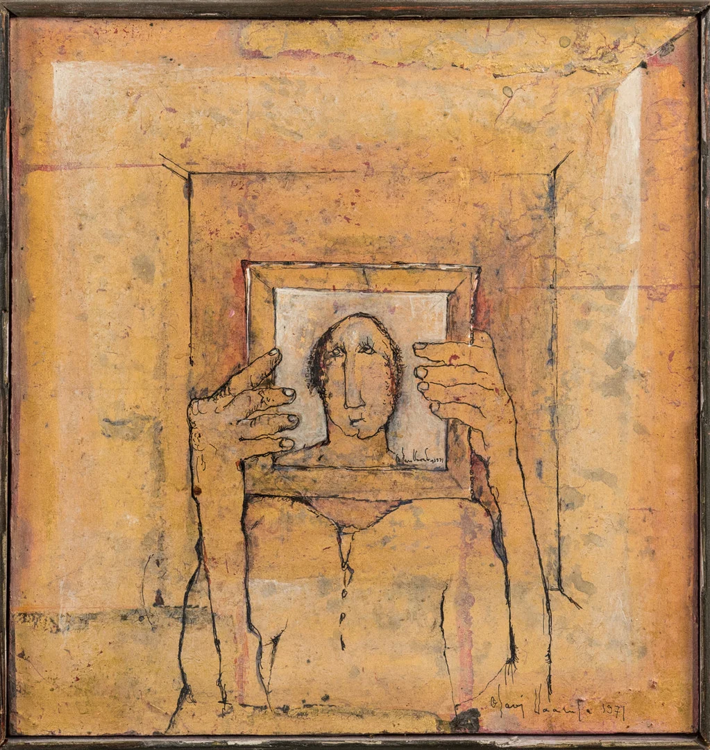 OLAVI VAARULA (1927-1989): "tavelmakaren", signerad samt daterad 1971, olja och blandteknik på pannå. — Paintings — Stockholms Auktionsverk Helsinki