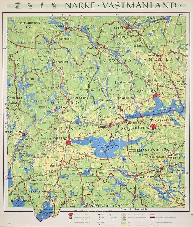 VÄGGKARTA, Närke-Västmanland, skala 1:125.000, Generalstabens litografiska anstalt, Stockholm.