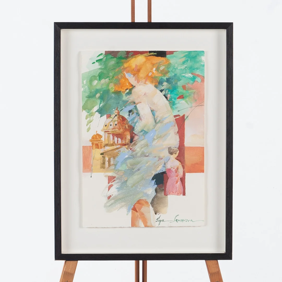 OLGA SEMENOVA. Akvarell, Figurkomposition med arkitektoniskt motiv. — Paintings — Laholms Auktionskammare
