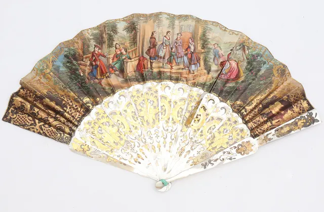 Louis Philippe fan with lithographed and illuminated leaves.