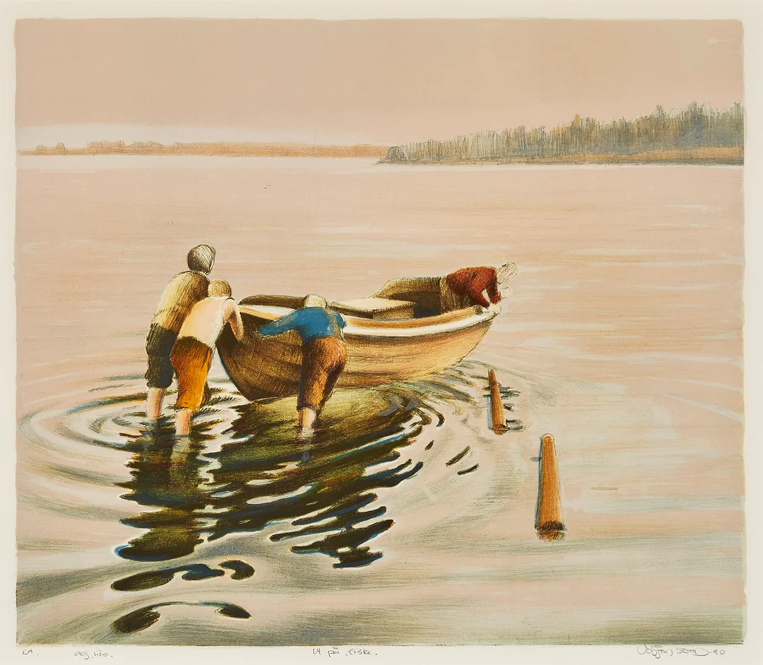 Sand, Vebjørn — "Ut på fiske" 1990 — Kunst/Grafikk — Blomqvist