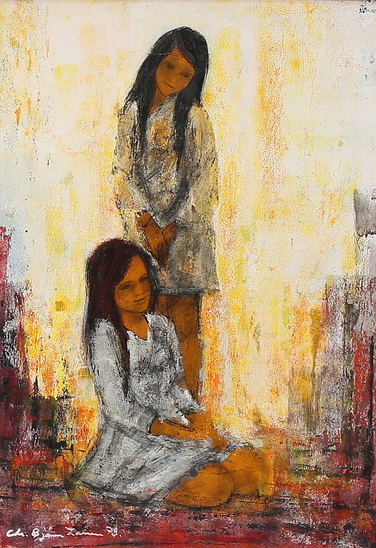 CHRISTIAN BJÖRN LARSEN. Flickor. Blandteknik på pannå, signerad och daterad 78. — Paintings — Växjö Auktionskammare