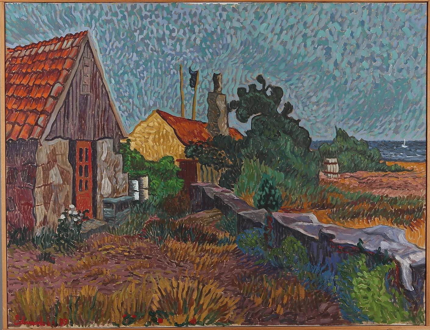 CHRISTER EDWARDSON SCHMITERLÖW. "Stugor vid havet", olja på duk, signerad samt daterad -79. — Paintings — Auktionshuset Kolonn