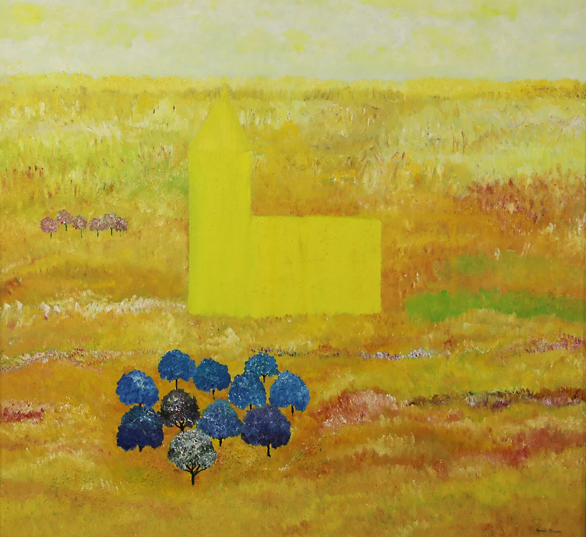 KARIN OLSSON. olja på duk, "Kyrkan", signerad och daterad 1965. — Paintings — Hälsinglands Auktionsverk