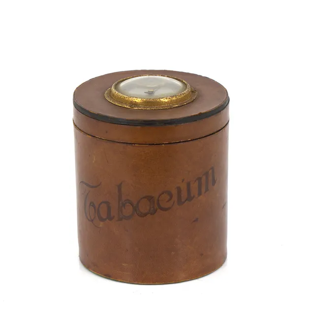 HUMIDOR med hygrometer, skinnklädd, mässing, Italien.