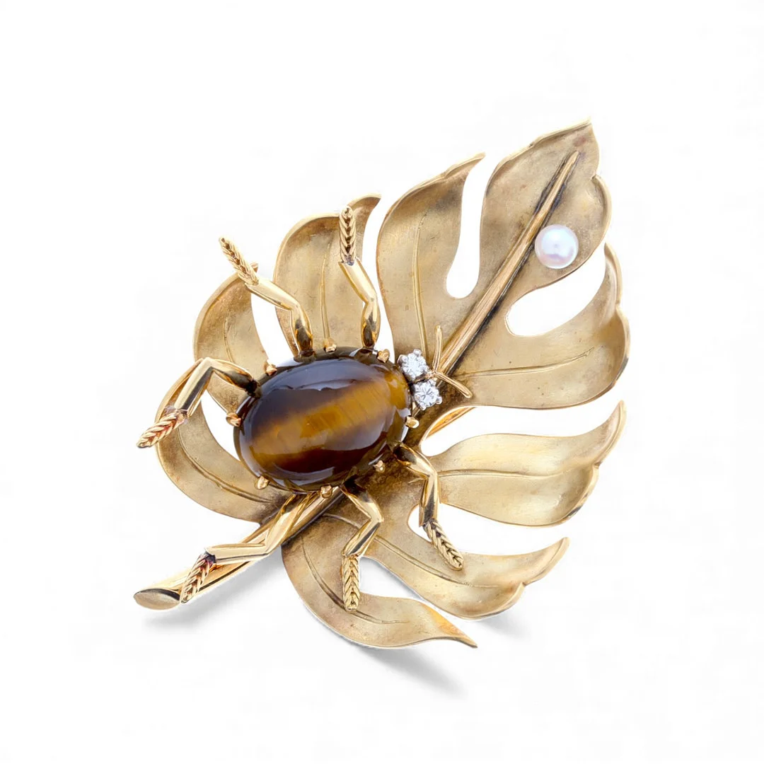 French gold and gemstones brooch in the shape of a leaf with an insect. — Brooches & Pendants — Balclis