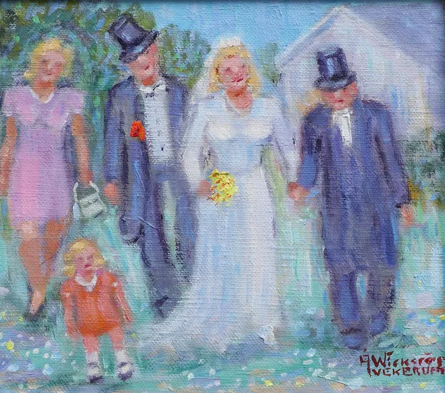 ÅKE WICKSTRÖM. Olja på duk, "Lasse i Eket gifter sej med Sonja i Olstorpet, händelse 1941", signerad.