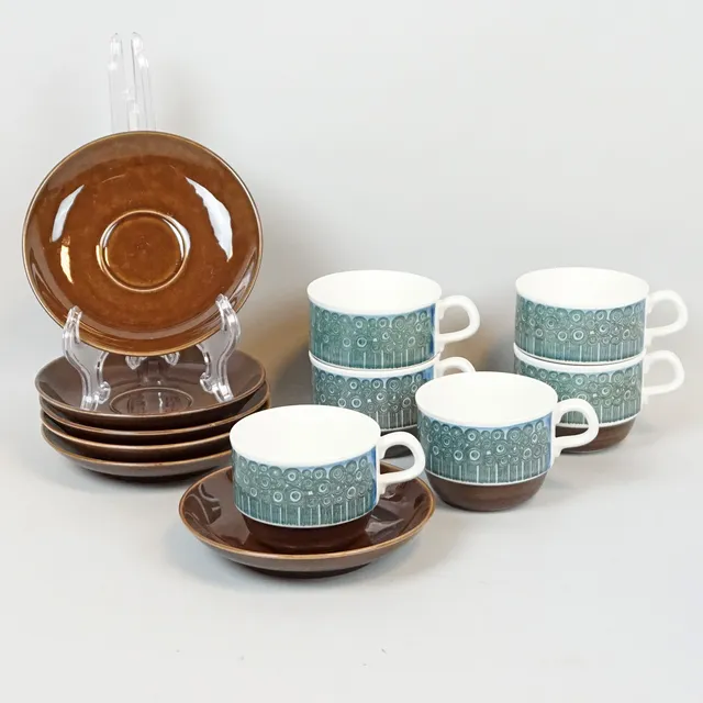 CHRISTINA CAMPBELL, Kaffekoppar med fat, 6 delar, Rörstrand. 1960-tal.