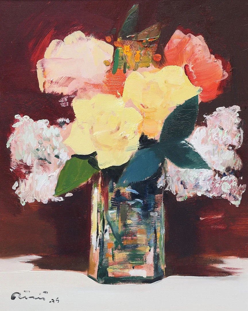 HILDING RÖSIÖ. Olja på duk, blomsterstilleben, signerad och daterad -75. — Paintings — Gomér & Andersson Jönköping