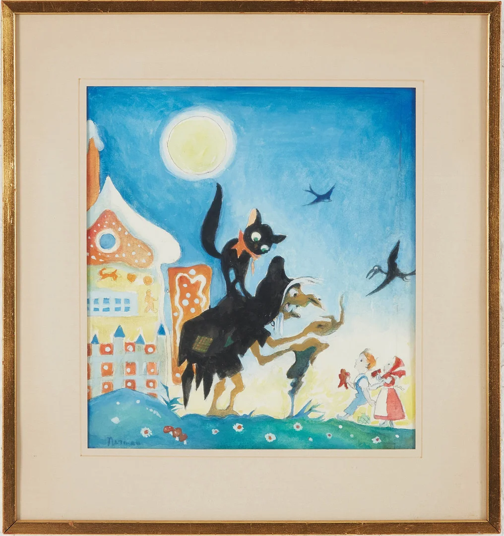 EINAR NERMAN. Hans och Greta, skiss, akvarell med täckvitt, signerad Nerman. — Paintings — Stockholms Auktionsverk Magasin 5