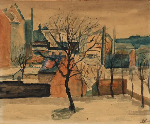 View over rooftops. Signed monogram 1919. Watercolour on paper. Sheet size 35×39 cm.