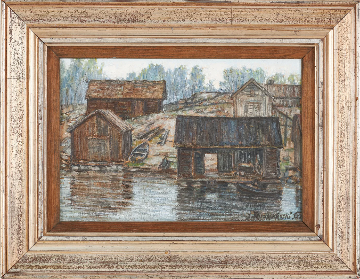 JALMARI RUOKOKOSKI. Sjöbodar, blandteknik på kartong, signerad. — Paintings — Stockholms Auktionsverk Sickla
