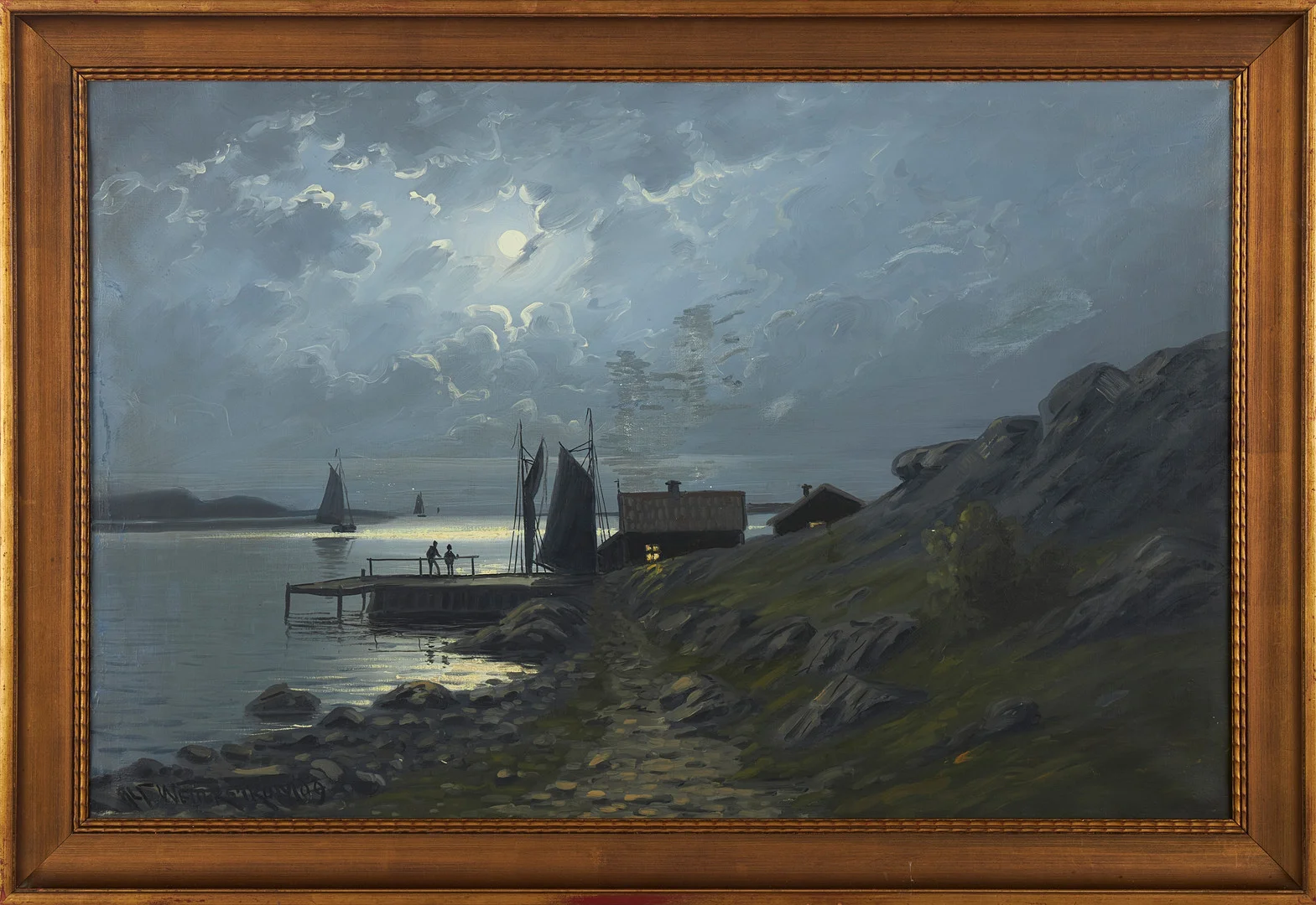 ALFRED WETTERSTRÖM. månskenslandskap över fiskeläger, olja på duk, signerad samt daterad -09. — Paintings — Stockholms Auktionsverk Sickla