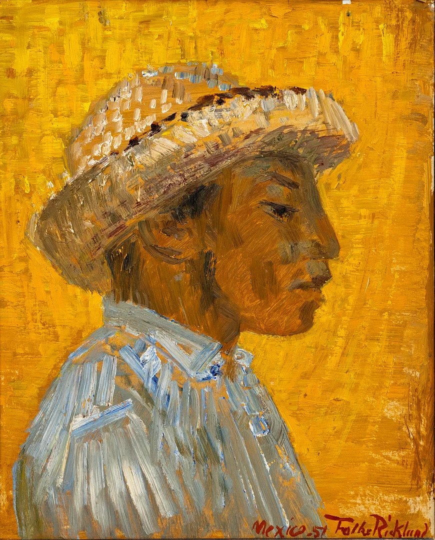 FOLKE RICKLUND. porträtt av man i profil, olja på pannå, signerad och daterad Mexico 51. — Paintings — Auktionshuset Kolonn