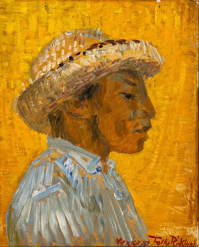 FOLKE RICKLUND. porträtt av man i profil, olja på pannå, signerad och daterad Mexico 51.