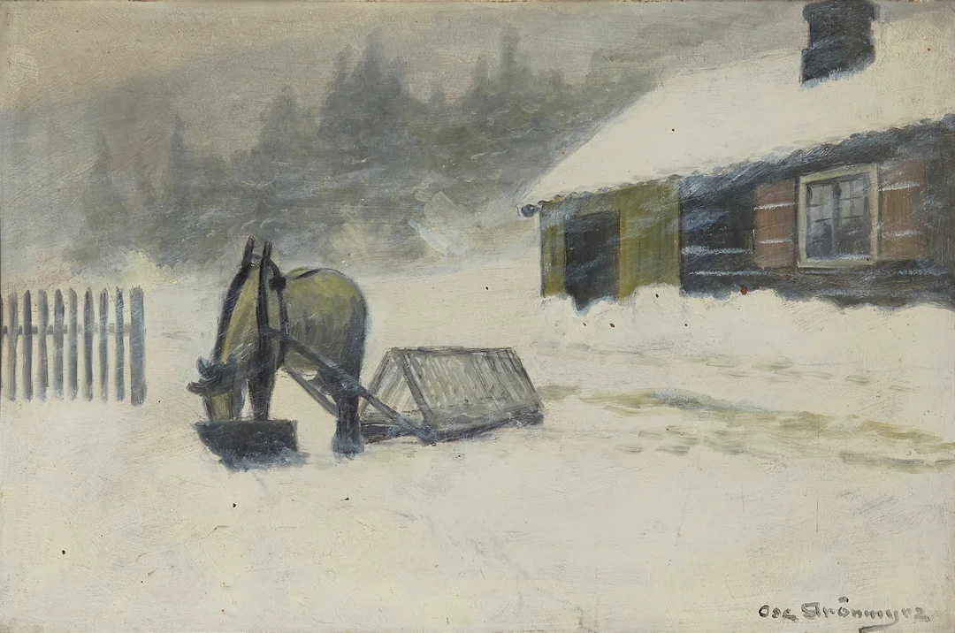 Grønmyra, Oscar — Hest ved matfatet — Kunst/Maleri — Blomqvist