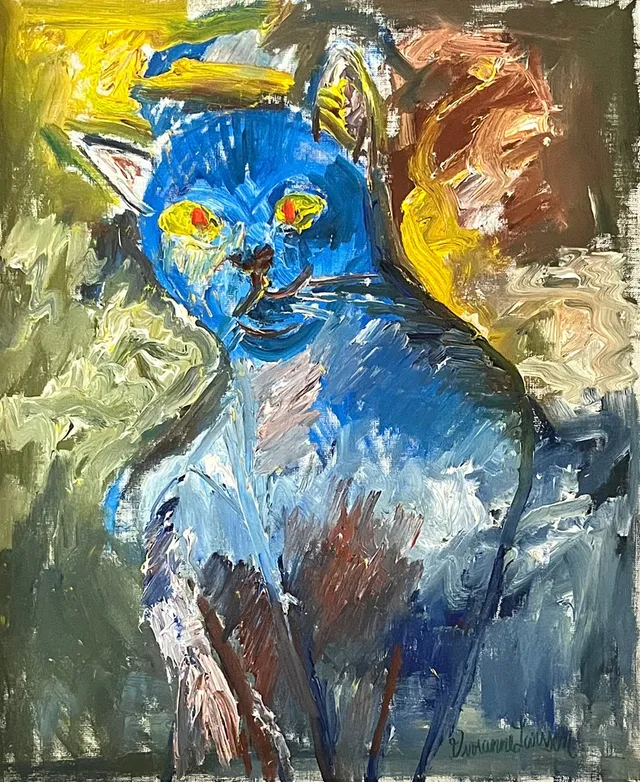 VIVIANNE LARSSON. "Blå katt". Olja på duk, signerad.