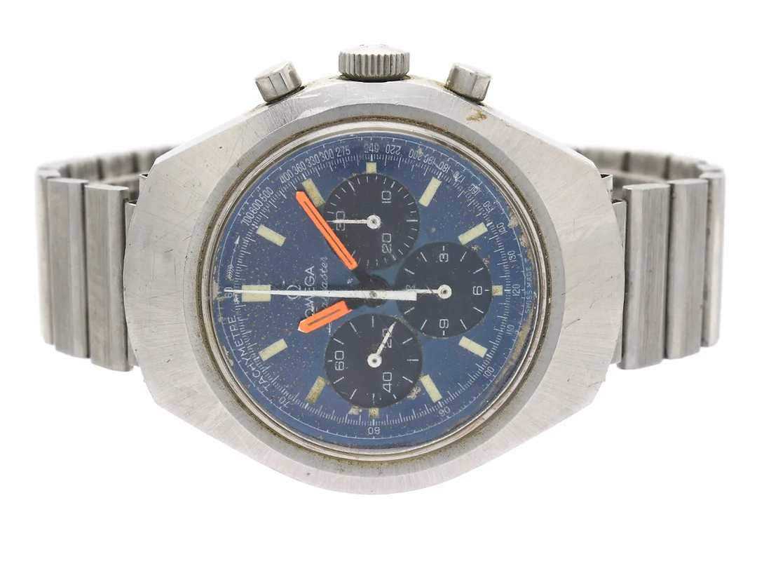 OMEGA, Seamaster (T Swiss Made T), "Tachymetre", Cal 861, Serie nr. 32207921, Ref nr. ST 145.0024, Boett nr. 145.024, kronograf (defekt), herrur, 40 mm, manuell, plexiglas, skadad urtavla, ca 1970, metallänk ej original. — Klockor/Omega — Kaplans