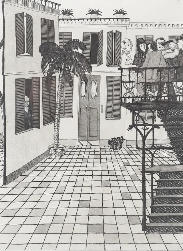 EVA REX (F. 1950). Etsning, 'Järntrappan'.
