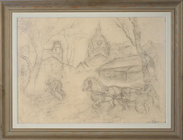 ACKE ÅSLUND. Komposition med häst, teckning, blyerts på papper, signerad och daterad 1941.