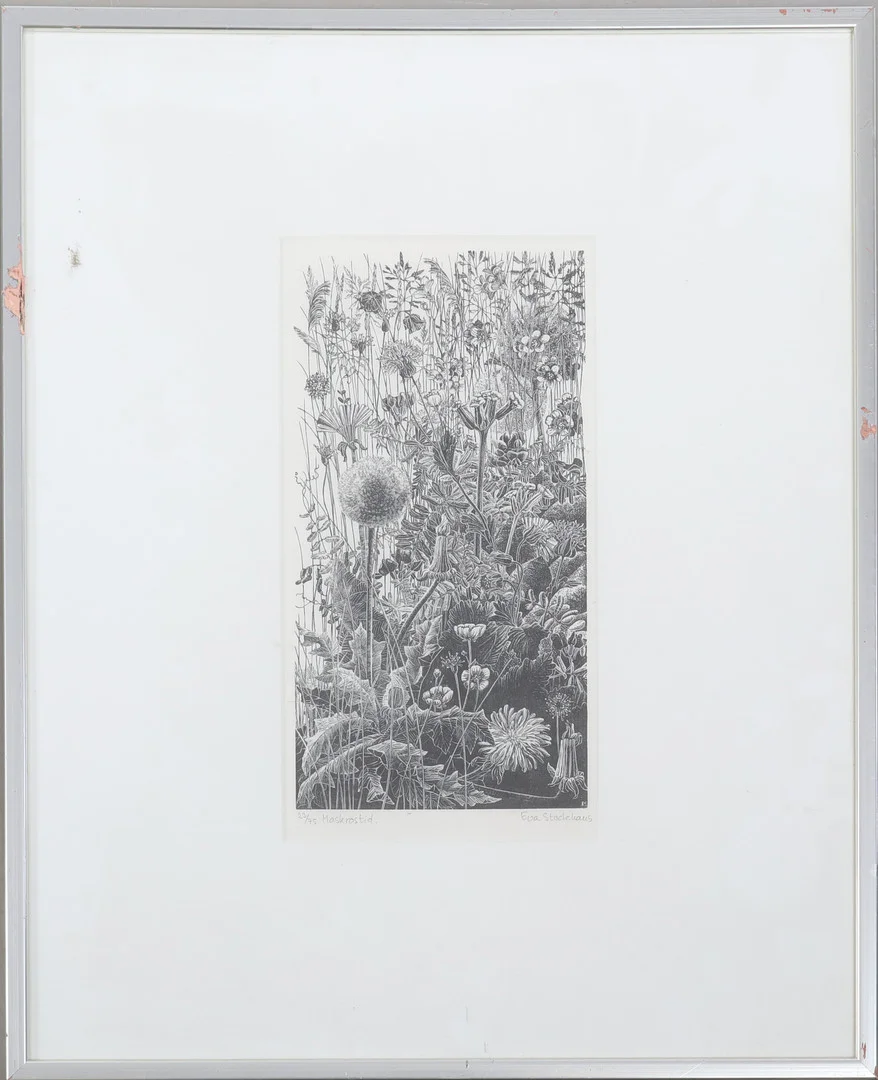 EVA STOCKHAUS. Trägravyr, "Maskrostid", signerad och numrerad 23/75. — Engravings & Prints — Södermanlands Auktionsverk