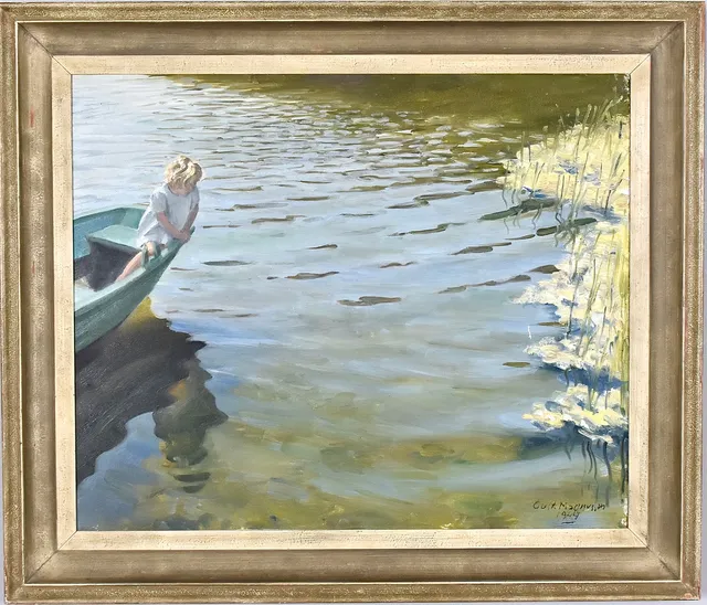 GUSTAF MAGNUSSON. oljemålning på pannå, vattenspeglingar.