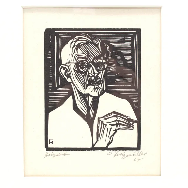 CONRAD FELIXMÜLLER. (1897 DRESDEN - 1977 BERLIN) SELBSTBILDNIS MIT ZEICHNENDER HAND, HOLZSCHNITT AUF BÜTTEN, SIGNIERT, DATIERT 1965.