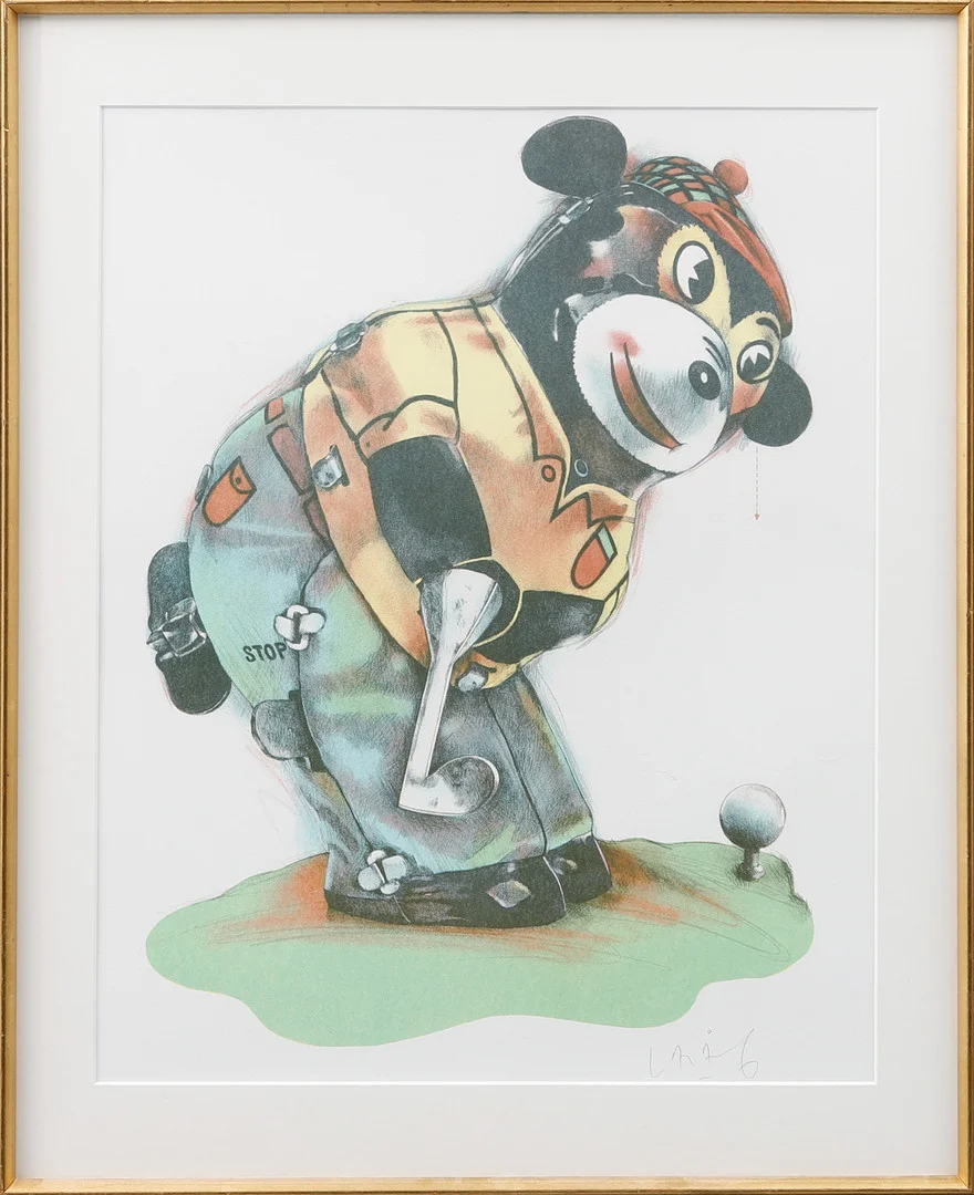 LASSE ÅBERG. "Mechanical Bear Golfer", färglitografi, signerad. — Engravings & Prints — Göteborgs Auktionsverk
