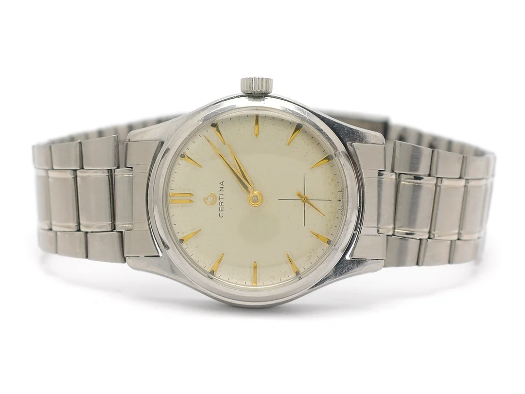 CERTINA, herrur, 33,5 mm, Ref nr. 81101, Boett nr. 3571519, stål, manuell, plexiglas, liten sekundvisare, skadad urtavla, metallänk ej original, ca 1960. — Klockor/Certina — Kaplans