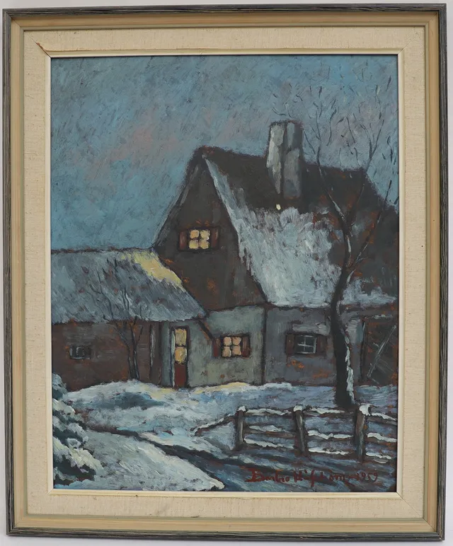 BARBRO HÅFSTRÖM. Landskap med hus, oljemålning på pannå, signerad och daterad 1959.