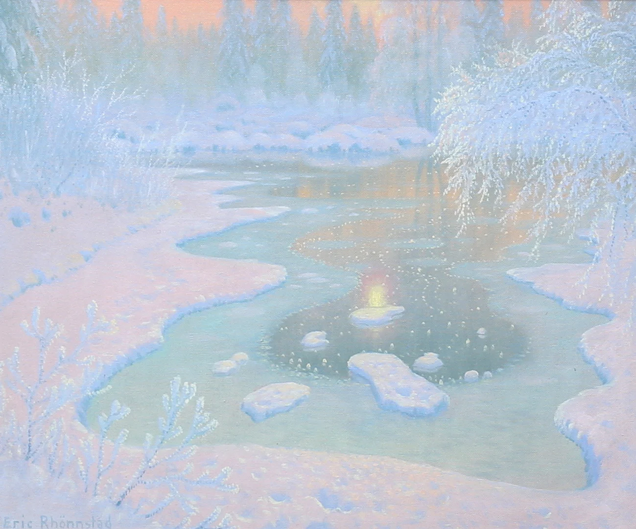 ERIC RHÖNNSTAD. Vinterlandskap. Olja på pannå, signerad. — Paintings — Auktionshuset Thelin & Johansson