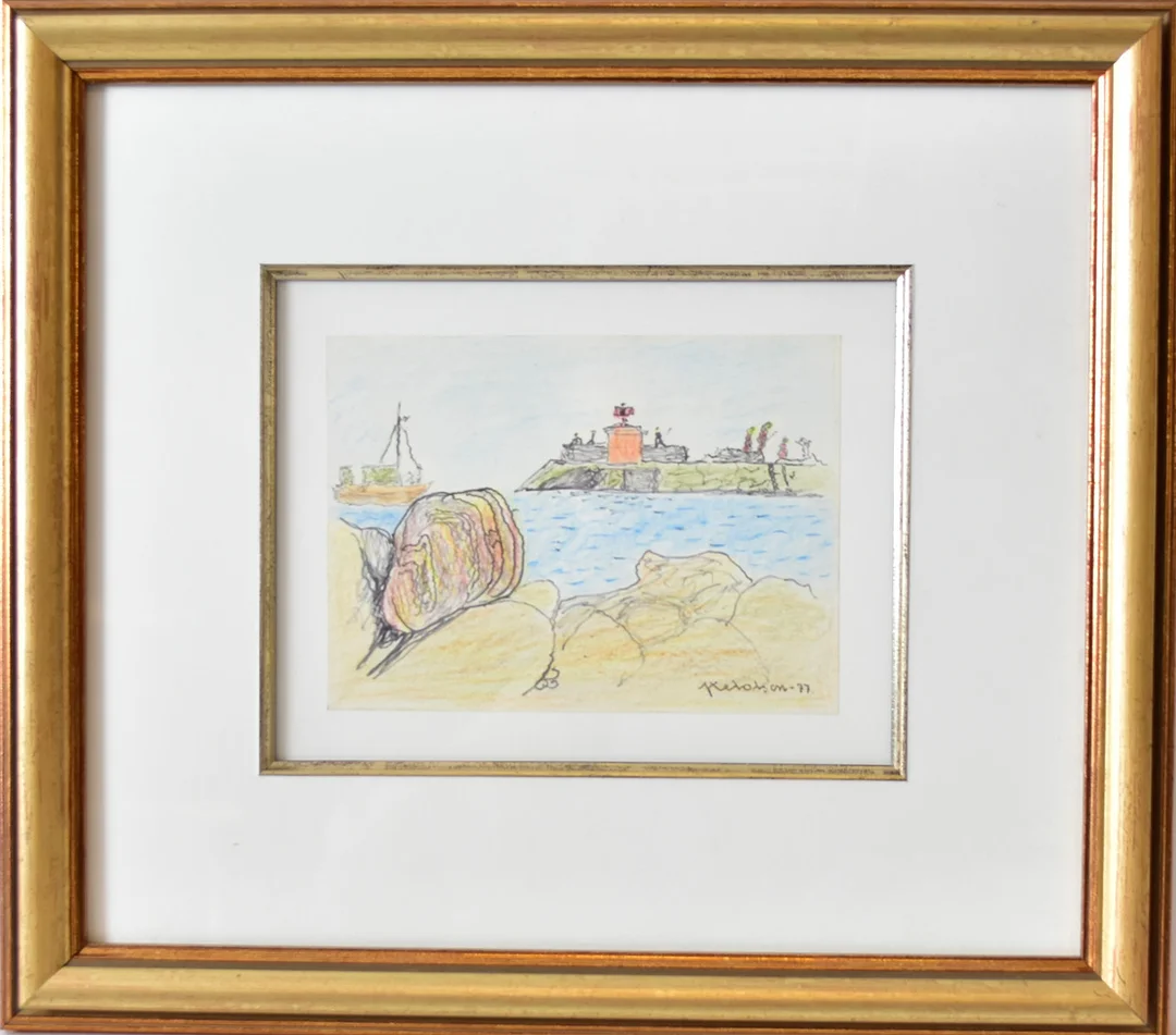 AXEL OLSON. tusch och färgkrita, Grötviks hamn. — Drawings — Halmstads Auktionskammare