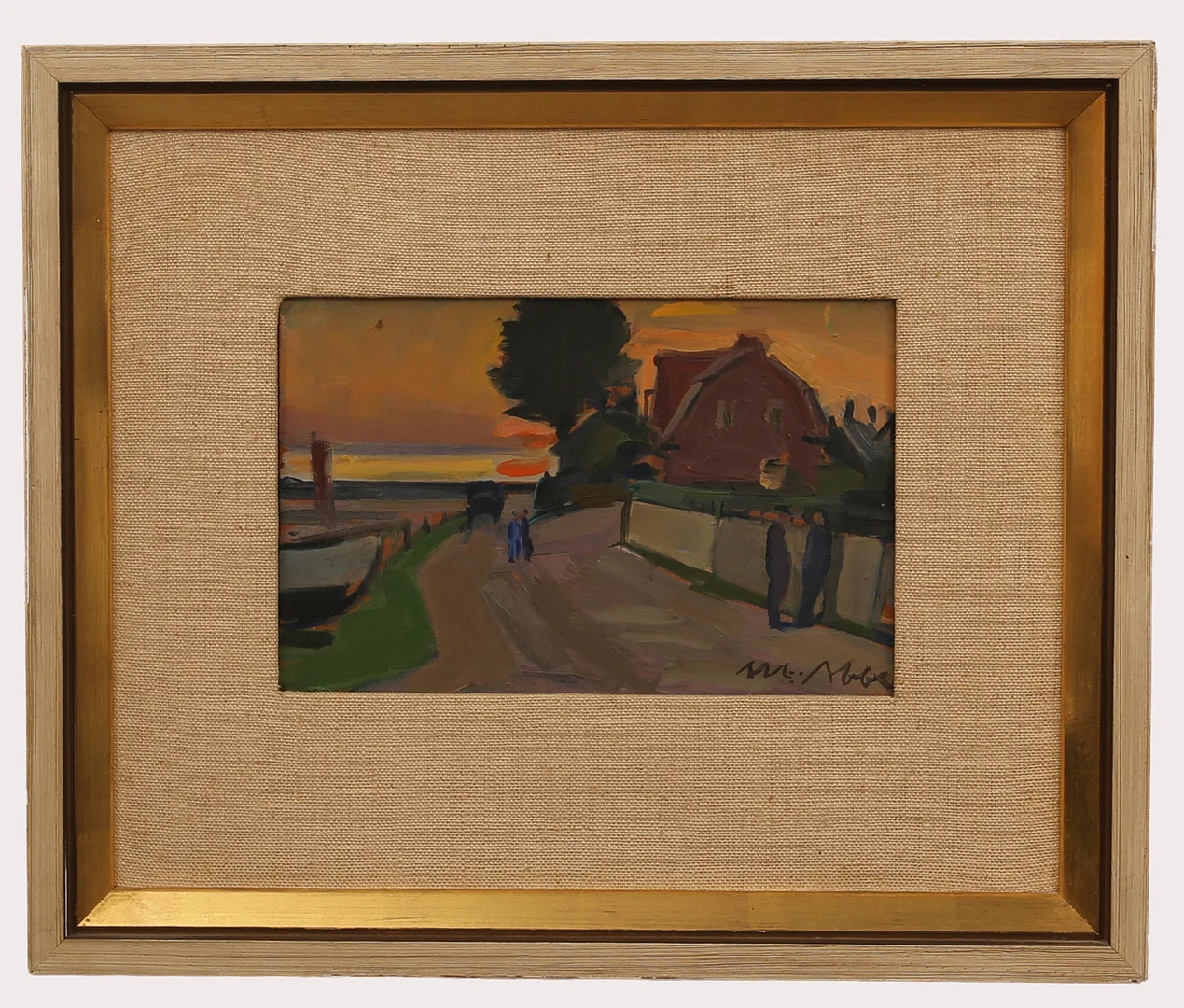 ALBERT ABBE. Olja på pannå, solnedgång vid kusten, signerad. — Paintings — Limhamns Auktionsbyrå
