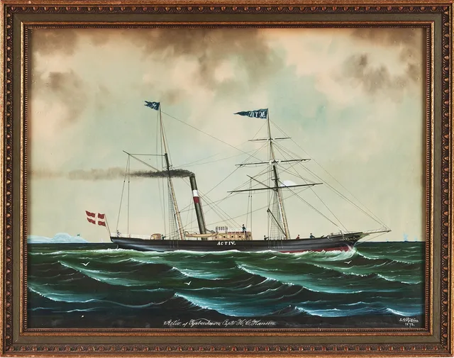 LARS PETTER SJÖSTRÖM. Skeppsporträtt, föreställande den tvåmastade segelångaren, ångskonerten "Activ" av Köpenhamn, gouache på papper, signerad samt daterad 1872.