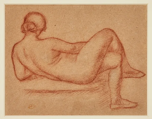 ARISTIDE MAILLOL. Vilande naken kvinna sedd bakifrån, Röd krita på brunt papper, 26,6 x 39 cm.
