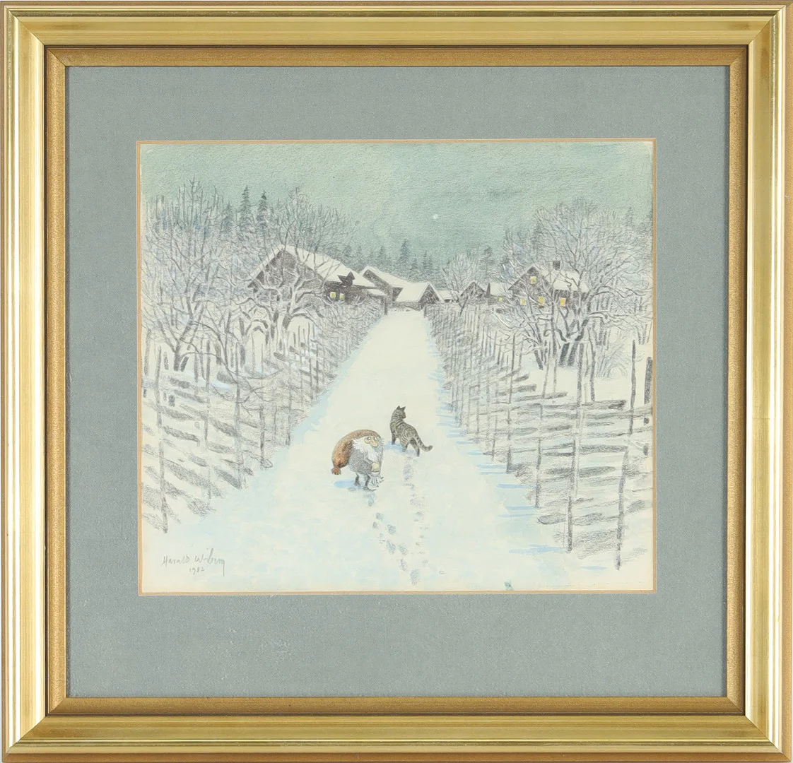 HARALD WIBERG. Akvarell, tomte och katt, signerad och daterad 1982. — Paintings — Stockholms Auktionsverk Helsingborg