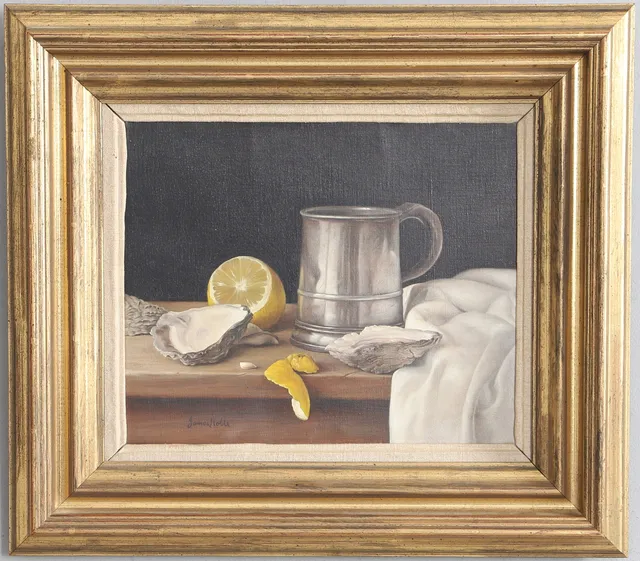 JAMES NOBLE (1919-1989). STILL LIFE OF OYSTERS, A PEWTER TANKARD AND A LEMON.