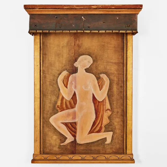 DAVID WRETLING. Vägglampett, Swedish Grace, 1920/30-tal, bemålat trä med skuren reliefdekor av naken kvinna hållande ett skynke.