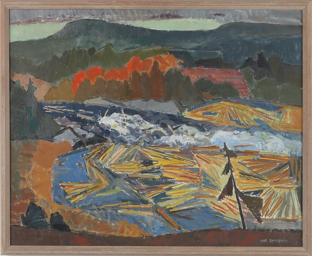 SUNE BLOMQVIST. Timmerflottning, olja på duk, signerad. — Paintings — Stadsauktion Sundsvall