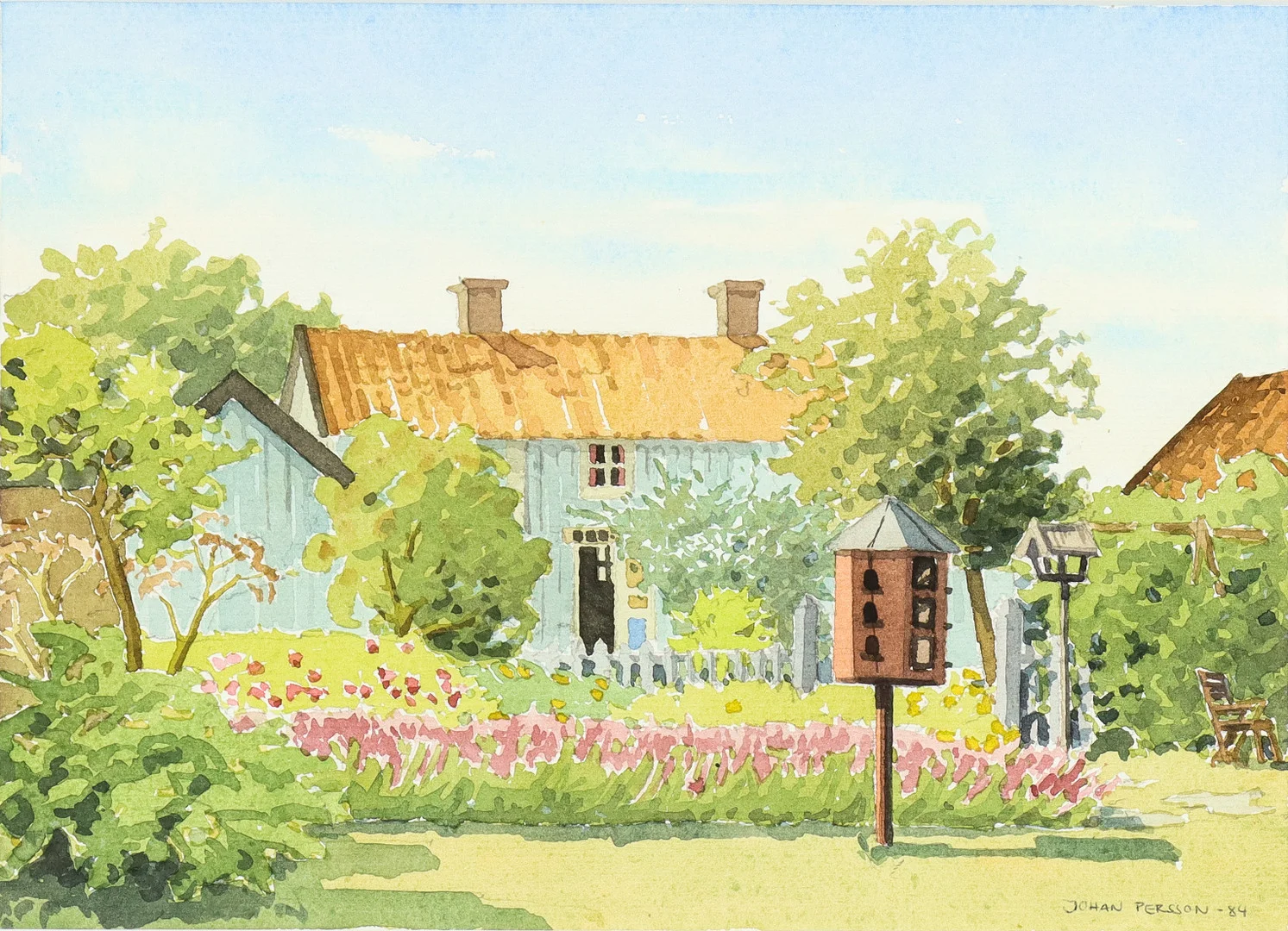 JOHAN PERSSON. Capellagården Vickleby, akvarell, signerad och daterad 1984. — Paintings — Karlstad Hammarö Auktionsverk