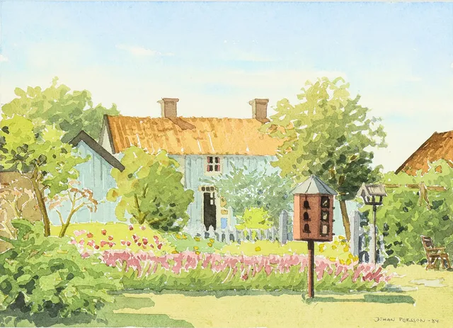JOHAN PERSSON. Capellagården Vickleby, akvarell, signerad och daterad 1984.