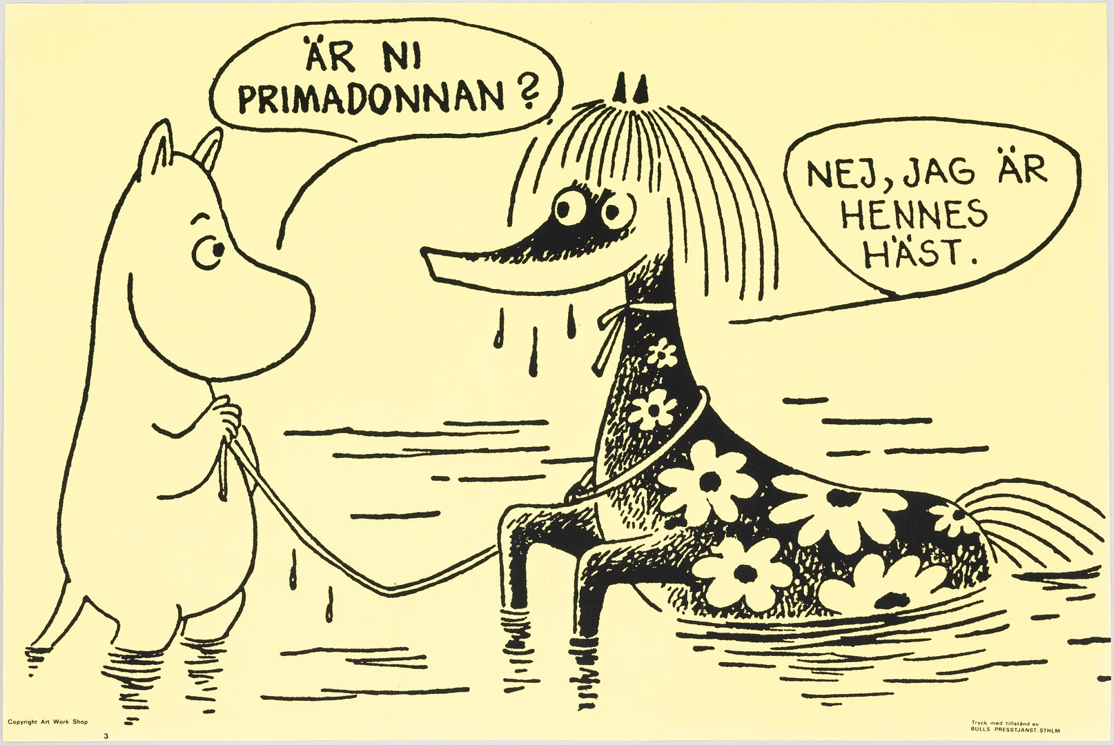 TOVE JANSSON. Efter. Mumin, "Är ni primadonnan? Nej, jag är hennes häst", Bull's Presstjänst, nr 3, Art Work Shop, 1960-tal. — Engravings & Prints — Auktionshuset Kolonn