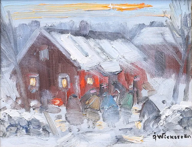 ÅKE WICKSTRÖM. Figurer vid stuga i vinterlandskap. Olja på duk, signerad.