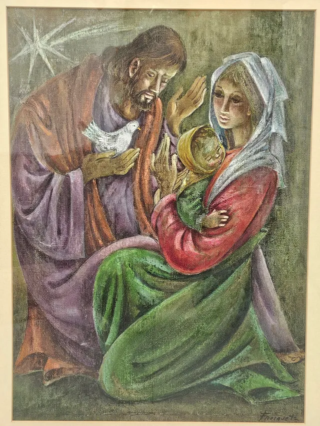 GUILLEM FRESQUET BARDINA. SAGRADA FAMILIA. TÉCNICA MIXTA SOBRE LIENZO PEGADO A TABLA.