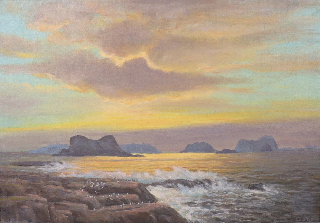 OIDENTIFIERAD KONSTNÄR. olja på duk, solnedgång vid klippig kust. — Paintings — Markus Auktioner