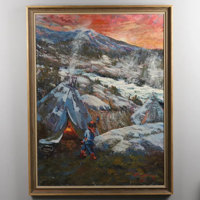 GÖSTA HENNING. OLJA PÅ PANNÅ, "Sameby", signerad.