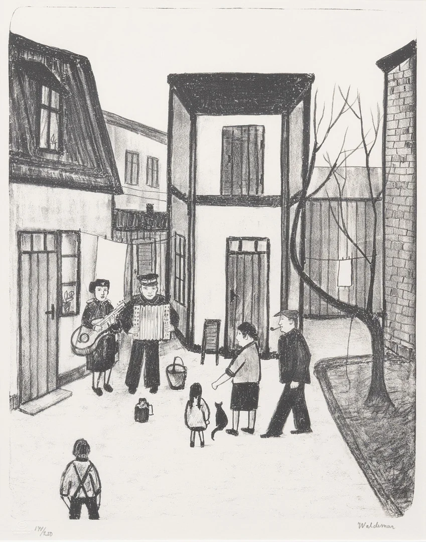 ÅKE WALDEMAR LARSSON. Frälsningssoldater på bakgård, litografi, signerad och numrerad. — Engravings & Prints — Garpenhus Auktioner
